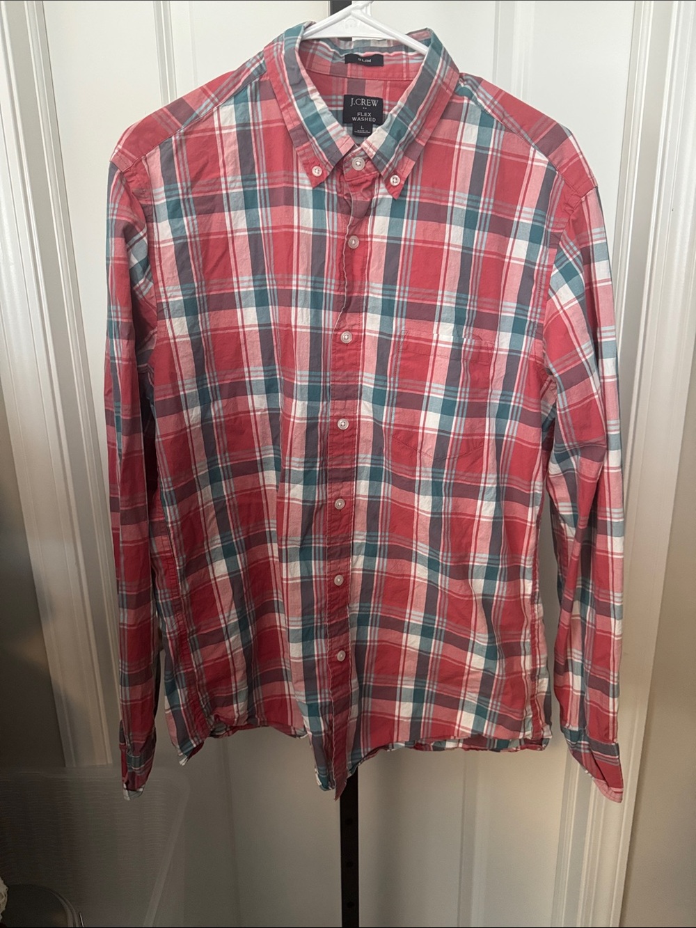 J. Crew Men's Red and Teal Plaid Button-Down Shirt